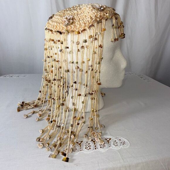 Vintage Handmade Beaded Headdress – Natural Horn & Shell Fringe, Artisan Boho Fe main image 12
